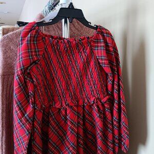 NWT Girls 6x Red Tartan Plaid Smocked Long Sleeve Dress